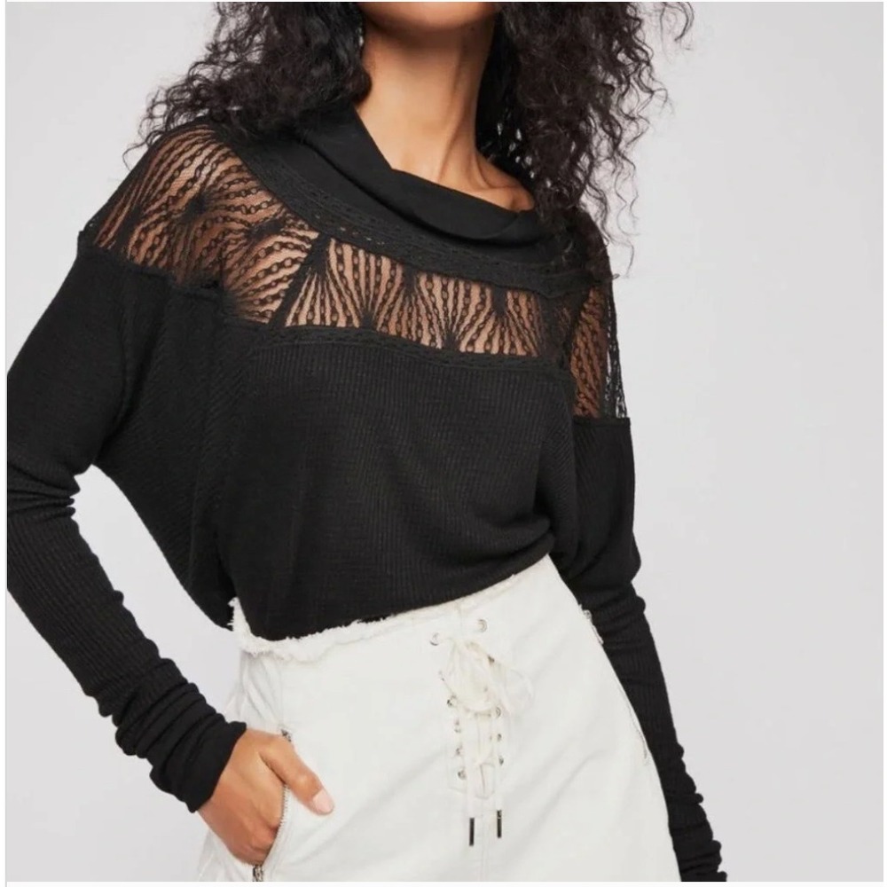 Free People Spring Valley‎ Lace Trim Black Thermal Knit Top Size Small